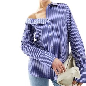Classic Blue white striped button down, off shoulder dress shirt